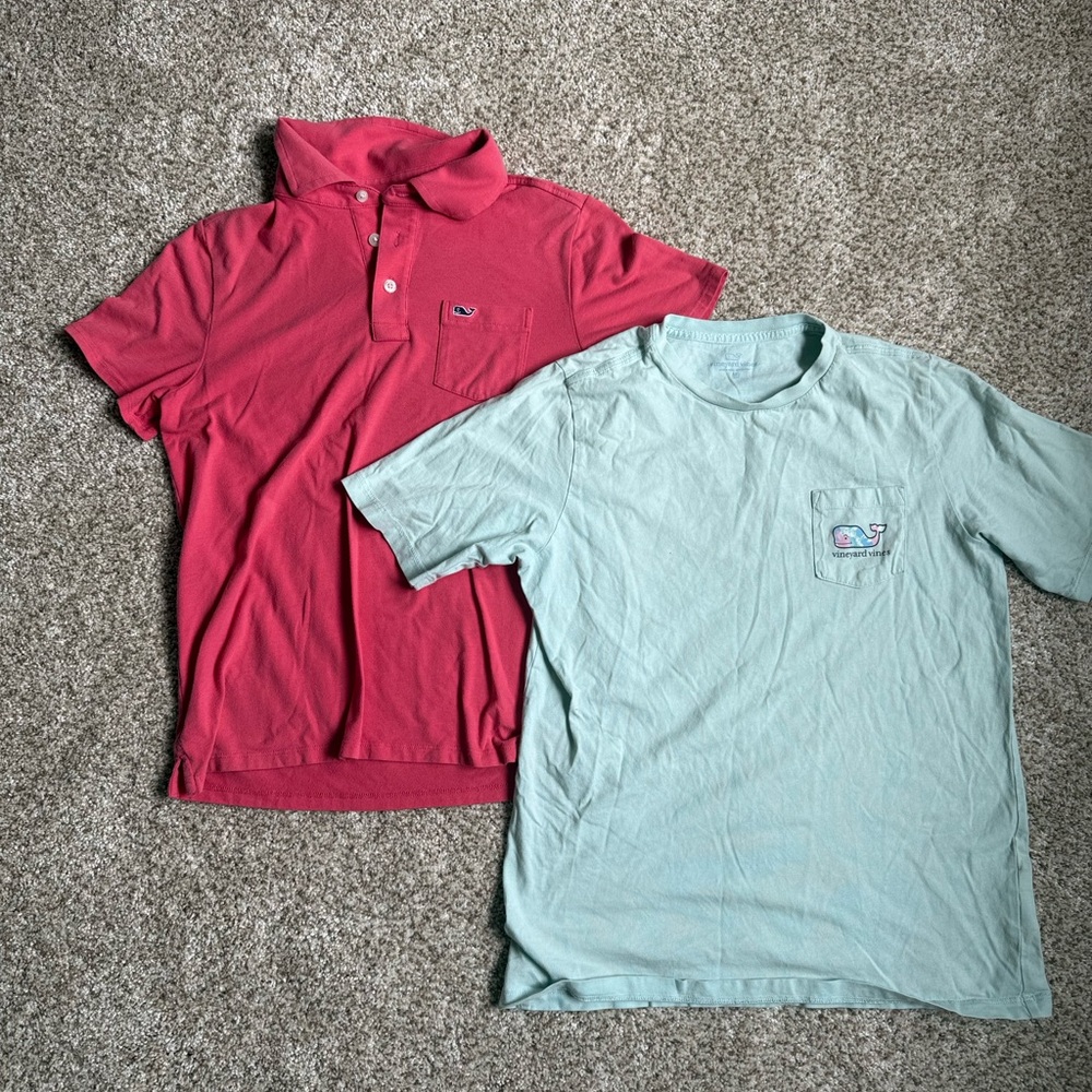 Vineyard Vines Boys M (10-12) Lot of 2 Polo & Whale Logo T-Shirt Red/Light Blue